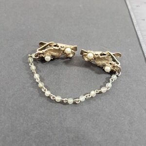 Vintage Gold Tone Faux Pearl Scarf Dress Clip 7" Grandma Floral Cottage